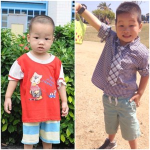 Left: Kai's referral photo (2012) Right: Kai enjoying his first Easter egg hunt (2015)